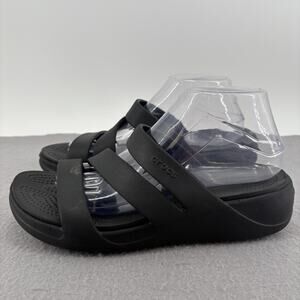 Crocs Shoe Womens 10 Black Monterey Strappy Wedge Casual Comfort Slip On Sandal
